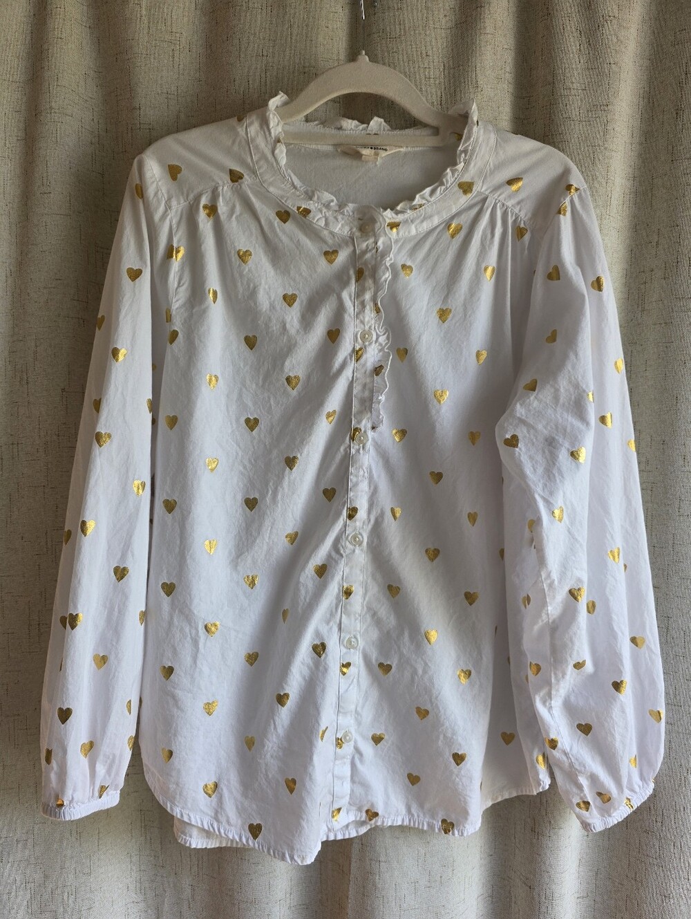 Lucky Brand Sweet White with Gold Foil Hearts Button Blouse Long Sleeve M